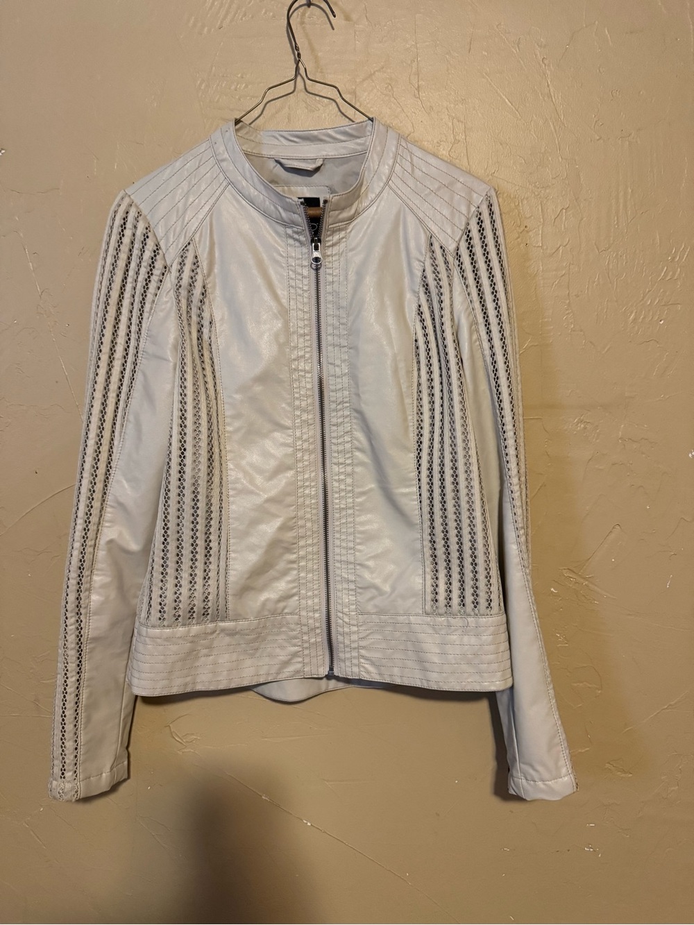 blanc noir White Faux Leather Zip-Front Jacket with Perforated Stitch Panels